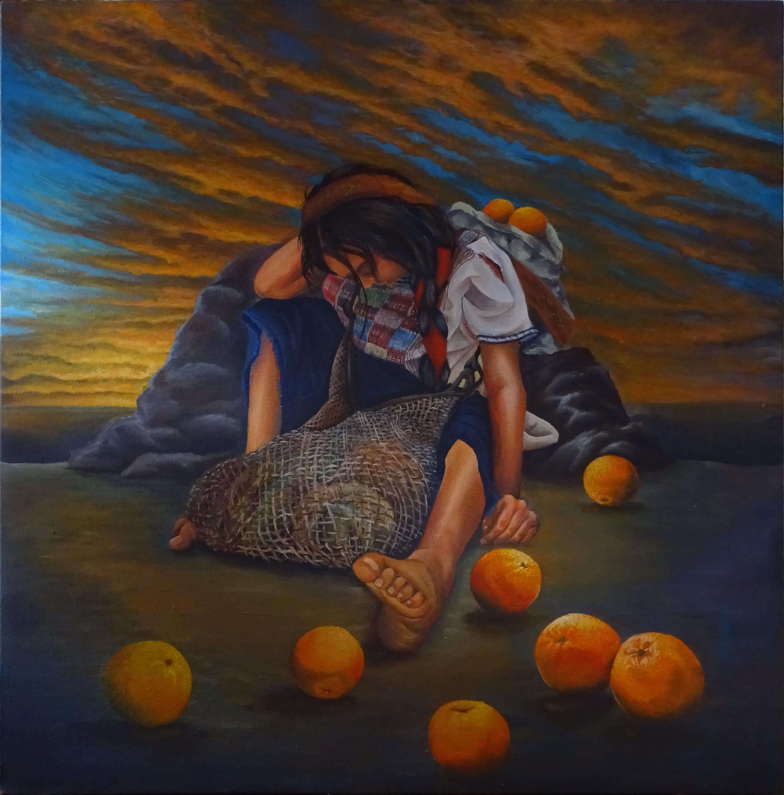 DSC00547 Niña sentada mirando hacia abajo, naranjas en el piso